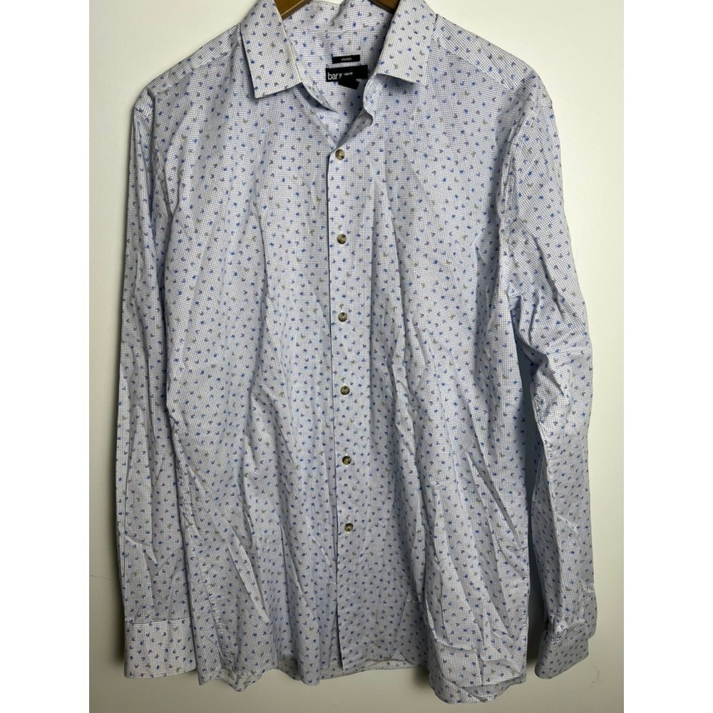 Bar III Mens Slim Fit Stretch Butterfly Grid Button Down Shirt White Blue L 16.5